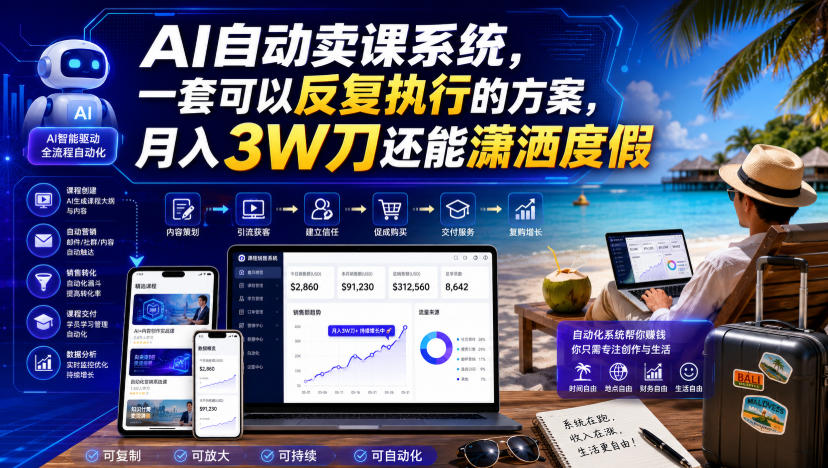 AI自动卖课系统,一套可以反复执行的方案,月入3W刀还能潇洒度假【原创双语字幕】