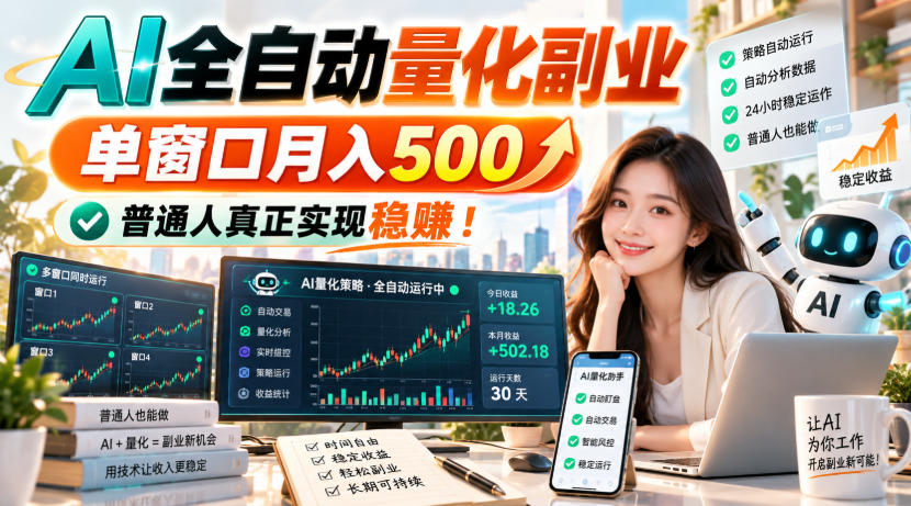 (20735期)AI全自动量化副业,单窗口月入500,普通人真正实现稳赚!