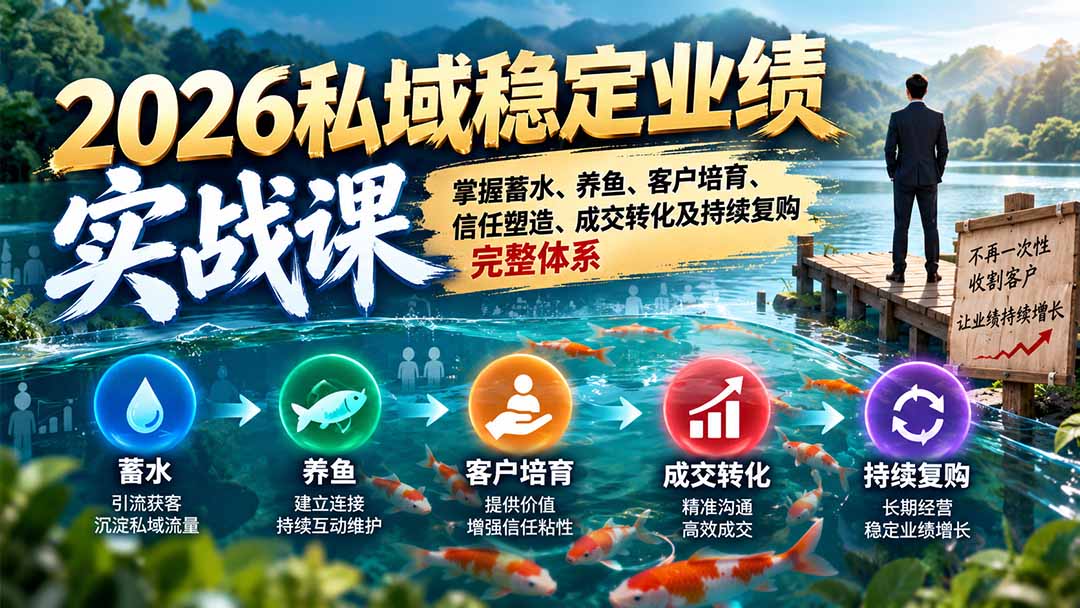 (20710期)2026私域稳定业绩实战课:掌握蓄水、养鱼、客户培育、信任塑造、成交转化及持续复购完整体系插图1 (20710期)2026私域稳定业绩实战课:掌握蓄水、养鱼、客户培育、信任塑造、成交转化及持续复购完整体系插图1