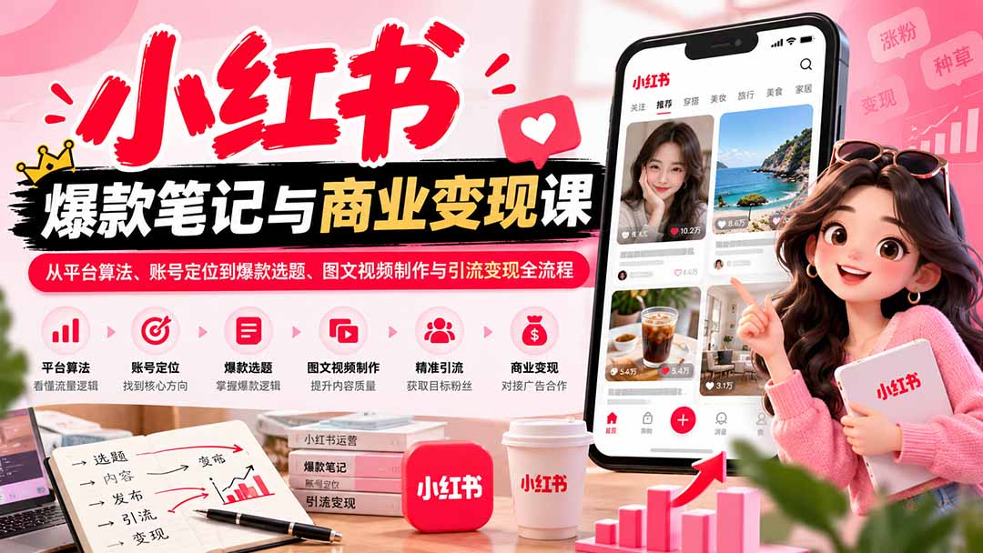 (20709期)2026小红书爆款笔记与商业变现课:从平台算法、账号定位到爆款选题、图文视频制作与引流变现全流程插图1 (20709期)2026小红书爆款笔记与商业变现课:从平台算法、账号定位到爆款选题、图文视频制作与引流变现全流程插图1