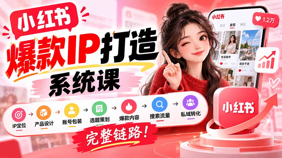 (20711期)【无水印】小红书爆款IP打造课:IP定位→产品设计→账号包装→选题策划→爆款内容→搜索流量→私域转化,完整链路插图1 (20711期)【无水印】小红书爆款IP打造课:IP定位→产品设计→账号包装→选题策划→爆款内容→搜索流量→私域转化,完整链路插图1