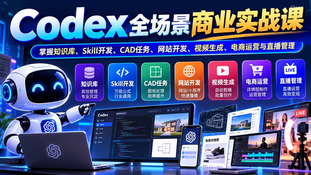 (20712期)【无水印】Codex全场景商业实战课:掌握知识库、Skill开发、CAD任务、网站开发、视频生成、电商运营与直播管理插图1 (20712期)【无水印】Codex全场景商业实战课:掌握知识库、Skill开发、CAD任务、网站开发、视频生成、电商运营与直播管理插图1