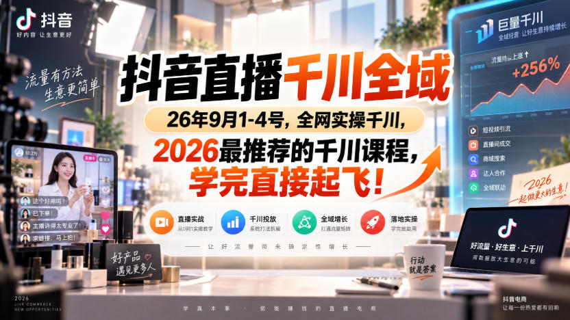 抖音直播千川全域26年9月1-4号,全网实操千川,2026最推荐的千川课程,学完直接起飞!插图 抖音直播千川全域26年9月1-4号,全网实操千川,2026最推荐的千川课程,学完直接起飞!插图