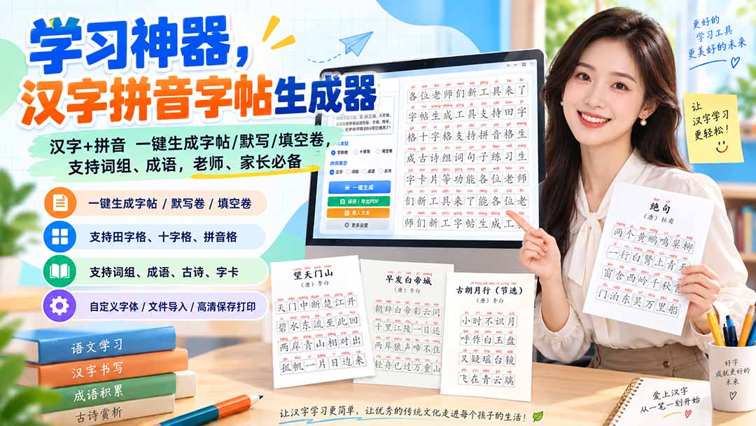 (20299期)学习神器,汉字拼音字帖生成器,汉字+拼音 一键生成字帖/默写/填空卷,支持词组、成语,老师、家长必备插图1 (20299期)学习神器,汉字拼音字帖生成器,汉字+拼音 一键生成字帖/默写/填空卷,支持词组、成语,老师、家长必备插图1