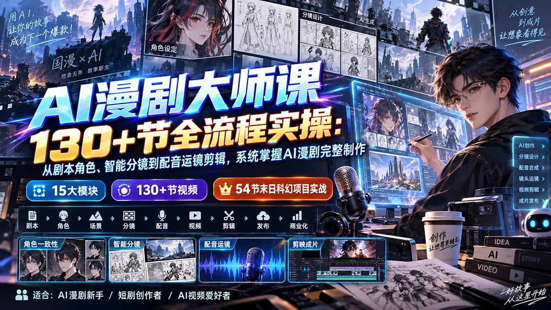 （20326期）AI漫剧大师课130+节全流程实操：从剧本角色、智能分镜到配音运镜剪辑，系统掌握AI漫剧完整制作