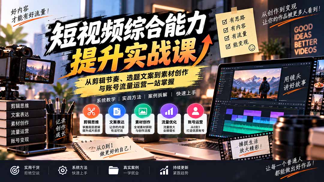 (20599期)短视频综合能力提升实战课:从剪辑节奏、选题文案到素材创作与账号流量运营一站掌握插图1 (20599期)短视频综合能力提升实战课:从剪辑节奏、选题文案到素材创作与账号流量运营一站掌握插图1