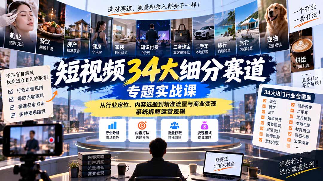 (20600期)短视频34大细分赛道专题实战课:从行业定位、内容选题到精准流量与商业变现,系统拆解运营逻辑