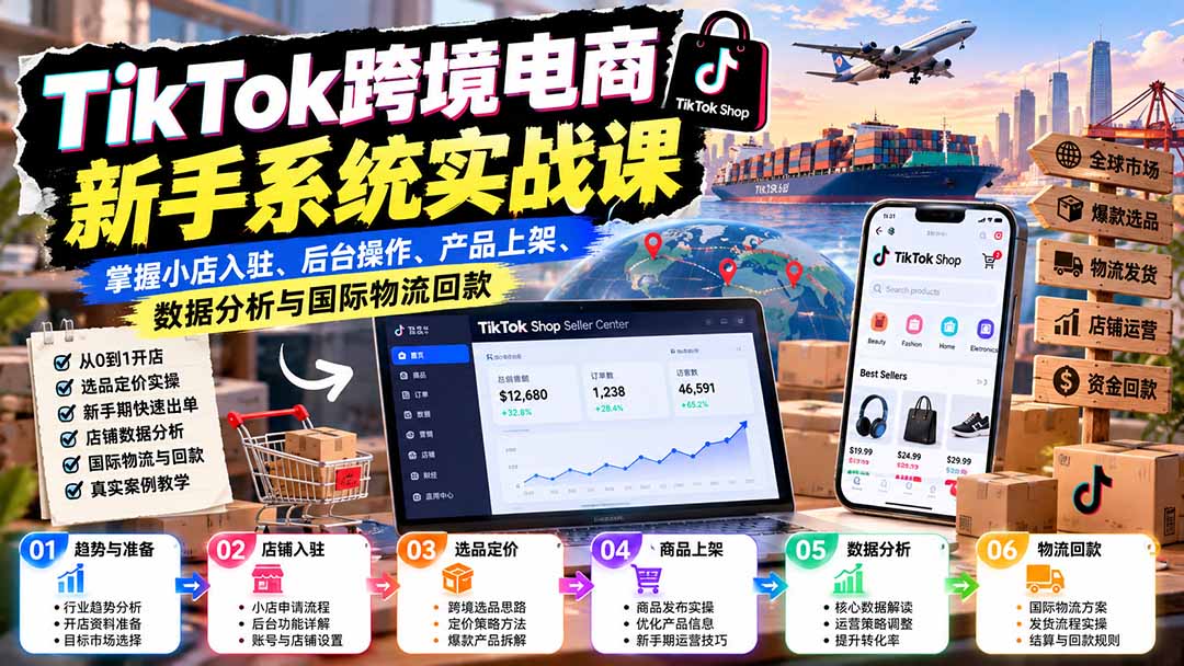 (20672期)TikTok跨境电商新手系统实战课:掌握小店入驻、后台操作、产品上架、数据分析与国际物流回款
