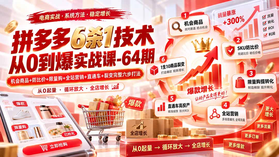 (20315期)拼多多6杀1技术从0到爆实战课-64期:机会商品+防比价+限量购+全站营销+直通车+裂变完整六步打法