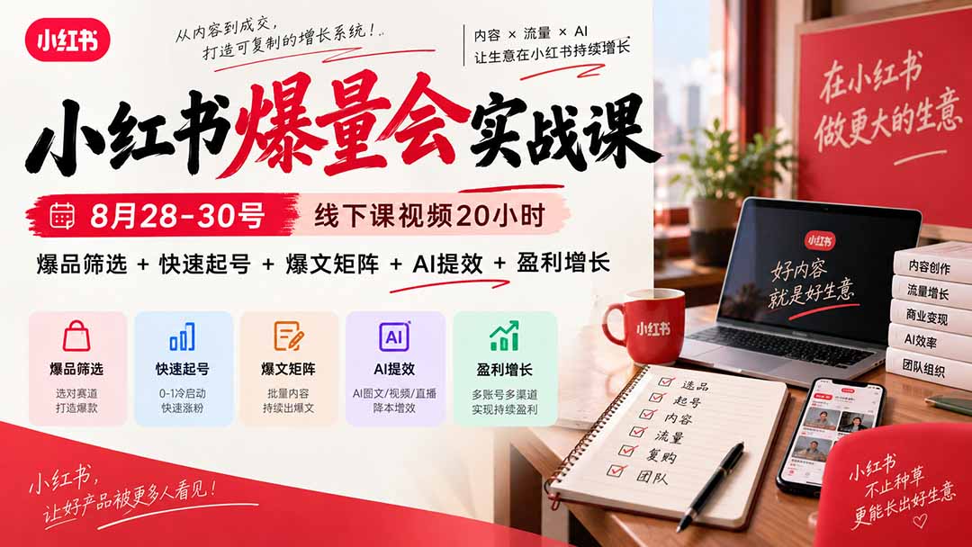 (20359期)小红书爆量会实战课:8月28-30号线下课视频20小时,爆品筛选+快速起号+爆文矩阵+AI提效+盈利增长插图1 (20359期)小红书爆量会实战课:8月28-30号线下课视频20小时,爆品筛选+快速起号+爆文矩阵+AI提效+盈利增长插图1