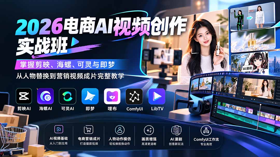 (20466期)2026电商AI视频创作实战班:掌握剪映、海螺、可灵与即梦,从人物替换到营销视频成片完整教学插图1 (20466期)2026电商AI视频创作实战班:掌握剪映、海螺、可灵与即梦,从人物替换到营销视频成片完整教学插图1