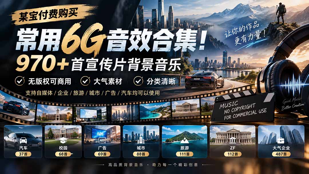 (20603期)某宝付费购买,常用6G音效合集!970+首宣传片背景音乐,无版权可商用大气素材,分类清晰插图1 (20603期)某宝付费购买,常用6G音效合集!970+首宣传片背景音乐,无版权可商用大气素材,分类清晰插图1