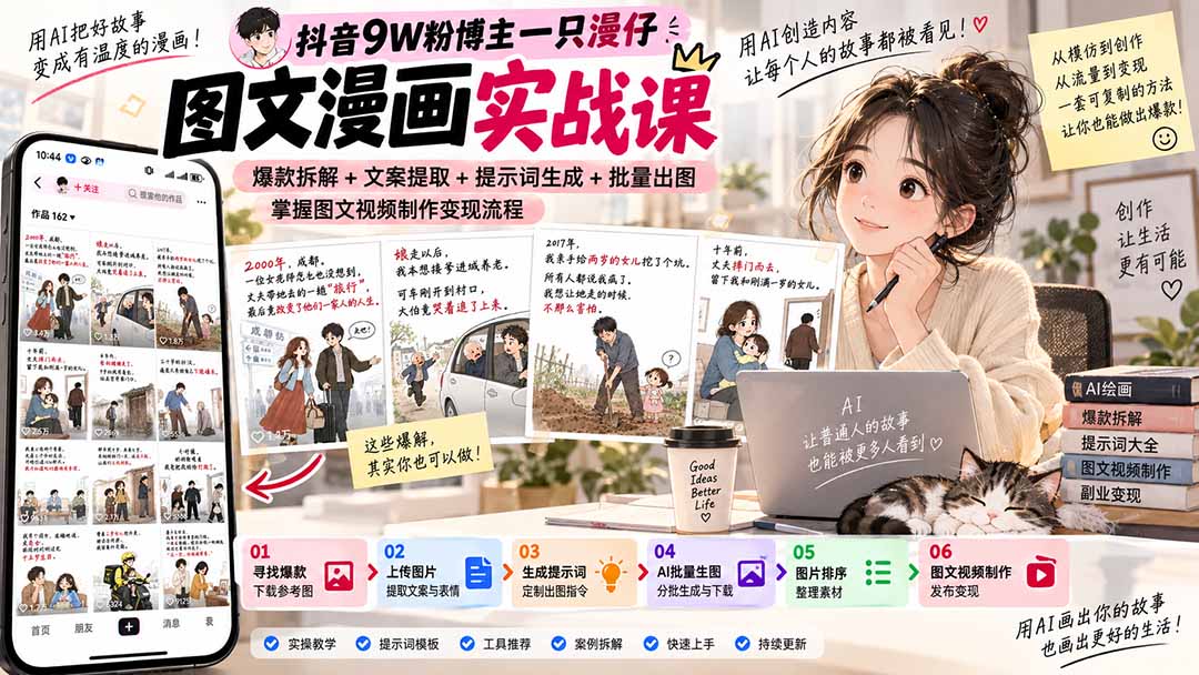 (20584期)抖音9W粉博主一只漫仔图文漫画课:爆款拆解+文案提取+提示词生成+批量出图,掌握图文视频制作变现流程插图1 (20584期)抖音9W粉博主一只漫仔图文漫画课:爆款拆解+文案提取+提示词生成+批量出图,掌握图文视频制作变现流程插图1