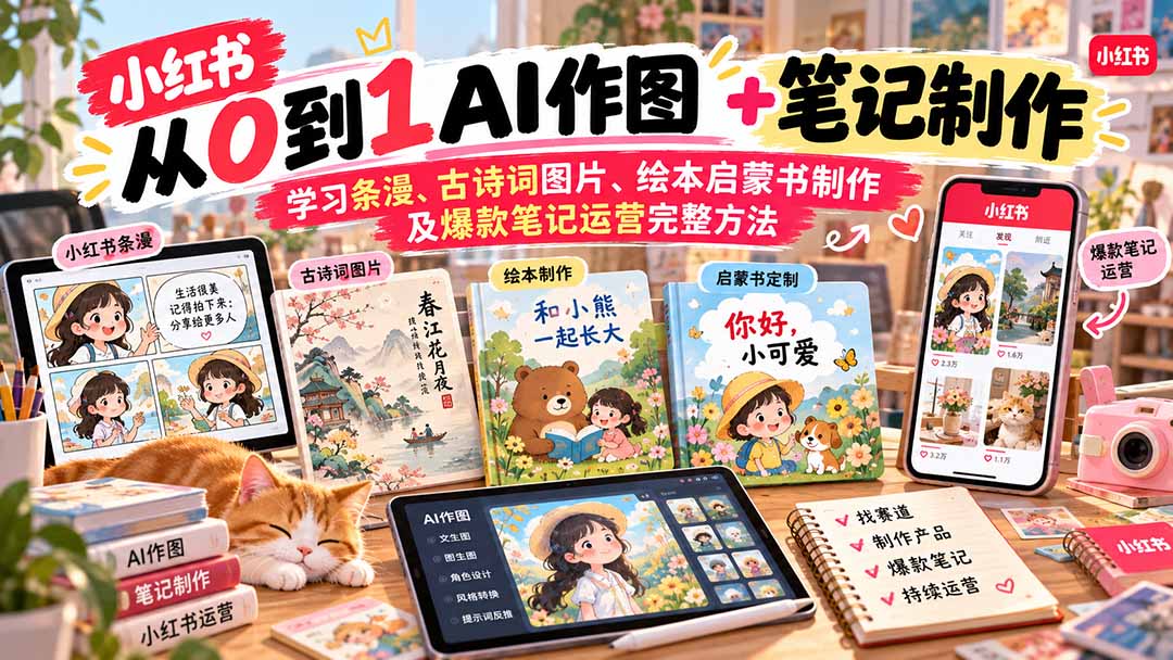 (20655期)2026小红书AI内容创作从0到1:学习条漫、古诗词图片、绘本启蒙书制作及爆款笔记运营完整方法插图1 (20655期)2026小红书AI内容创作从0到1:学习条漫、古诗词图片、绘本启蒙书制作及爆款笔记运营完整方法插图1