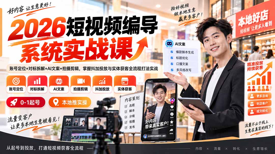 （20305期）2026短视频编导系统实战课：账号定位+对标拆解+AI文案+拍摄剪辑，掌握抖加投放与实体获客全流程打法实战插图1