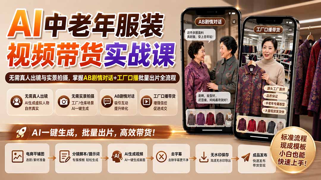 (20198期)AI中老年服装视频带货实战课:无需真人出镜与实景拍摄,掌握AB剧情对话+工厂口播批量出片全流程插图1 (20198期)AI中老年服装视频带货实战课:无需真人出镜与实景拍摄,掌握AB剧情对话+工厂口播批量出片全流程插图1