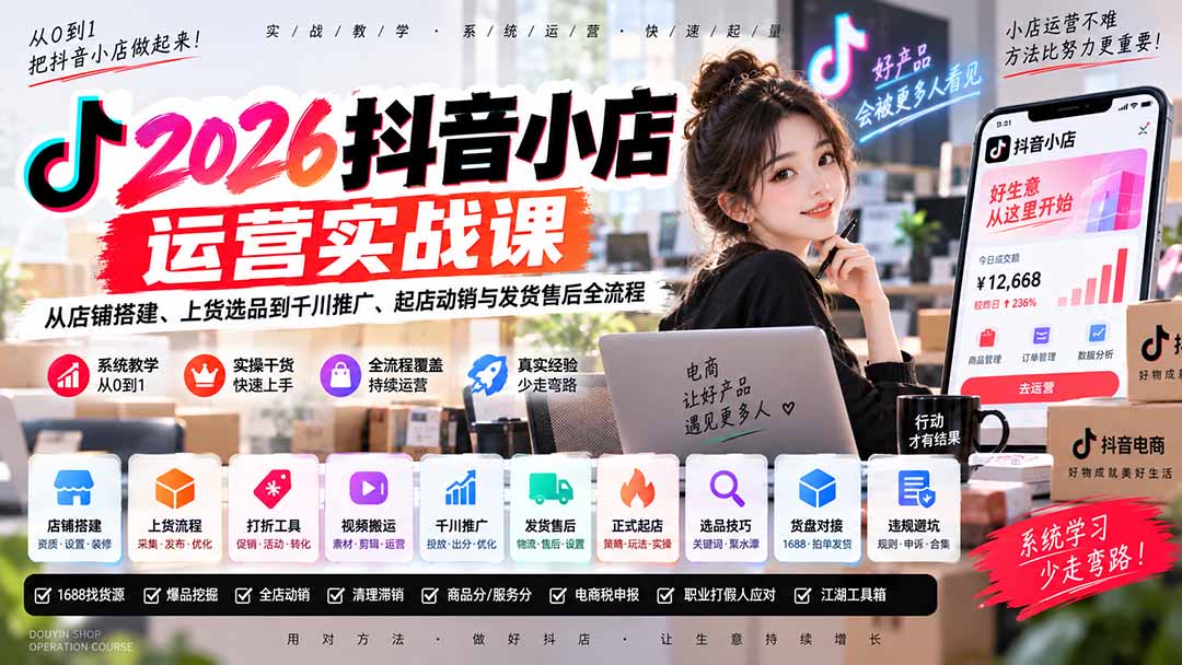 （20568期）2026抖音小店运营实战课｜从店铺搭建、上货选品到千川推广、起店动销与发货售后全流程插图1