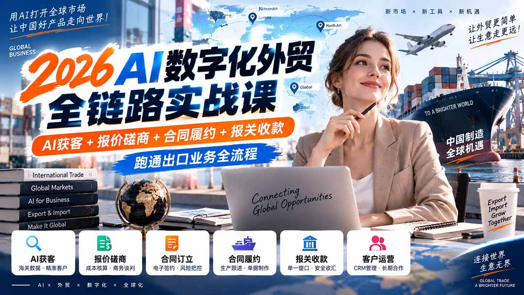 (20569期)2026AI数字化外贸全链路实战课:AI获客+报价磋商+合同履约+报关收款,跑通出口业务全流程插图1 (20569期)2026AI数字化外贸全链路实战课:AI获客+报价磋商+合同履约+报关收款,跑通出口业务全流程插图1