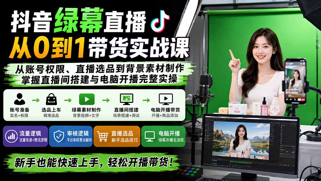 (20224期)抖音绿幕直播从0到1带货实战课:从账号权限、直播选品到背景素材制作,掌握直播间搭建与电脑开播完整实操插图1 (20224期)抖音绿幕直播从0到1带货实战课:从账号权限、直播选品到背景素材制作,掌握直播间搭建与电脑开播完整实操插图1