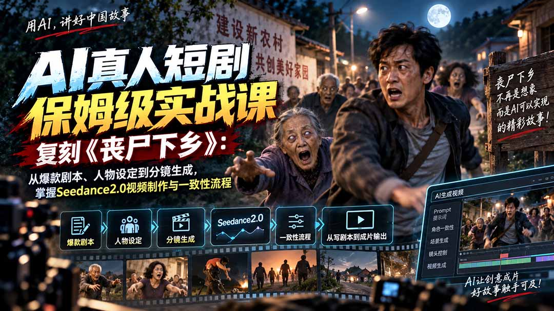 (20359期)AI真人短剧保姆级实战课,复刻《丧尸下乡》:从爆款剧本、人物设定到分镜生成,掌握Seedance2.0视频制作与一致性流程插图1 (20359期)AI真人短剧保姆级实战课,复刻《丧尸下乡》:从爆款剧本、人物设定到分镜生成,掌握Seedance2.0视频制作与一致性流程插图1