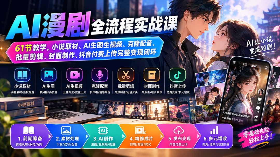 （20199期）AI漫剧全流程实战课｜61节教学，小说取材、AI生图生视频、克隆配音、批量剪辑、封面制作、抖音付费上传完整变现闭环