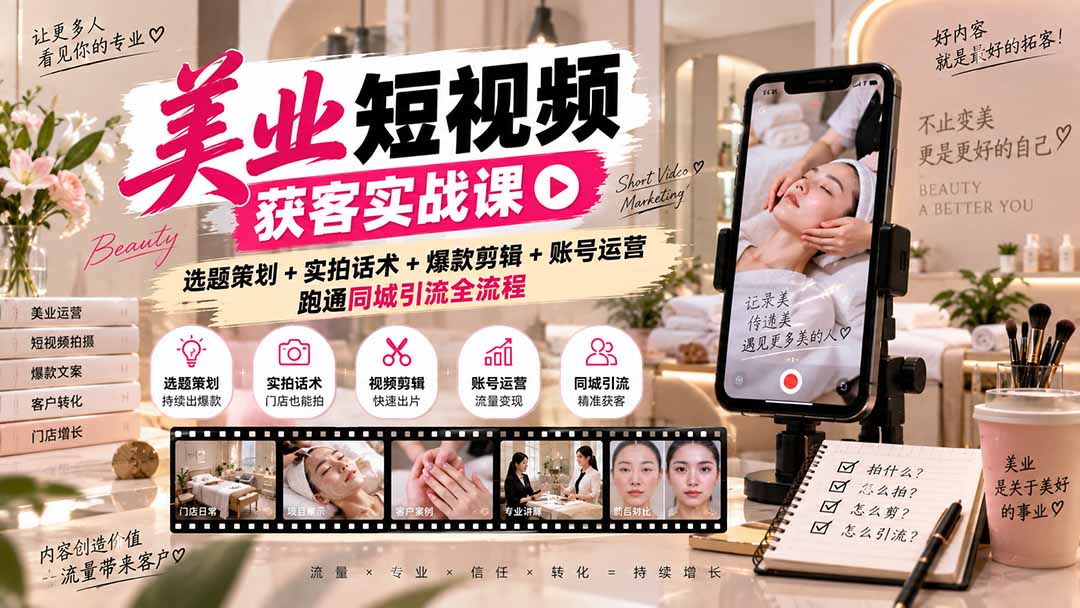 (20586期)美业短视频获客实战课-无水印:选题策划+实拍话术+爆款剪辑+账号运营,跑通同城引流全流程插图1 (20586期)美业短视频获客实战课-无水印:选题策划+实拍话术+爆款剪辑+账号运营,跑通同城引流全流程插图1