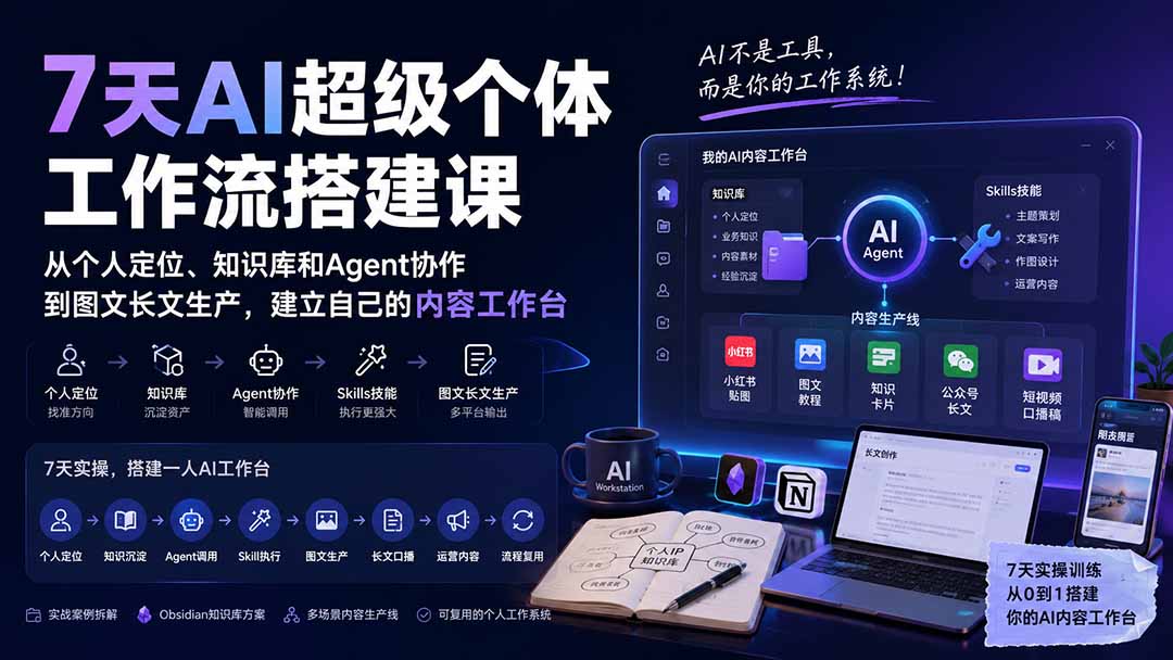 (20190期)7天AI超级个体工作流搭建课:从个人定位、知识库和Agent协作到图文长文生产,建立自己的内容工作台插图1 (20190期)7天AI超级个体工作流搭建课:从个人定位、知识库和Agent协作到图文长文生产,建立自己的内容工作台插图1