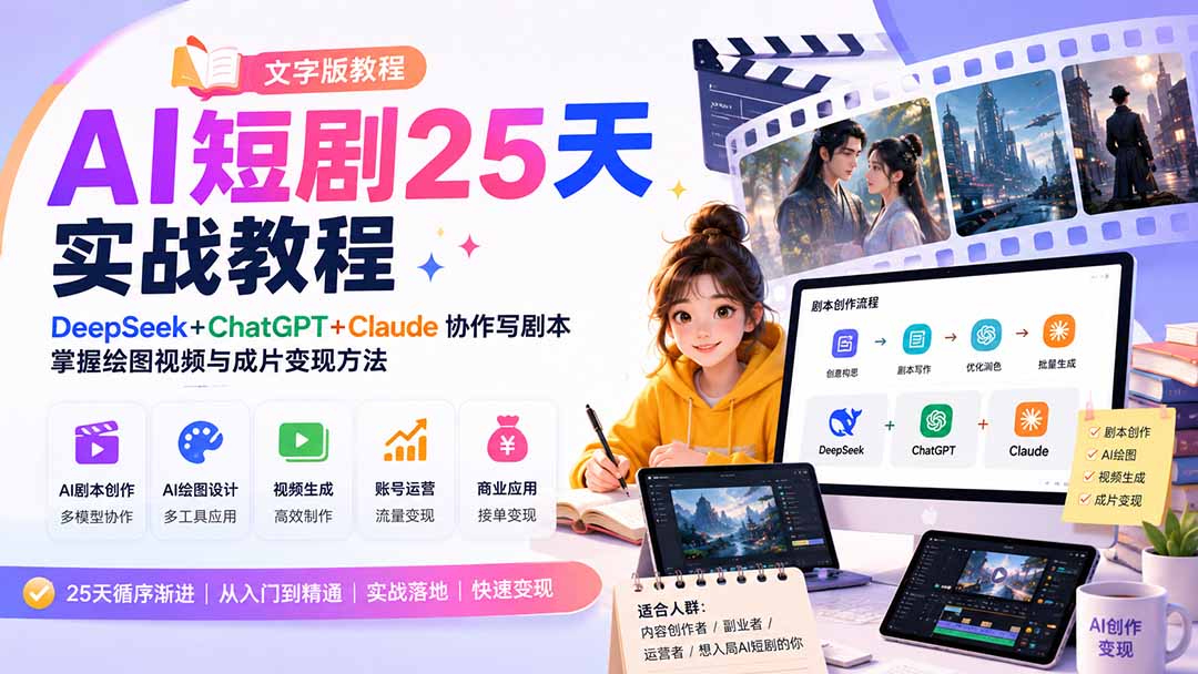 (20225期)AI短剧25天实战教程(文字版教程):DeepSeek+ChatGPT+Claude协作写剧本,掌握绘图视频与成片变现方法插图1 (20225期)AI短剧25天实战教程(文字版教程):DeepSeek+ChatGPT+Claude协作写剧本,掌握绘图视频与成片变现方法插图1