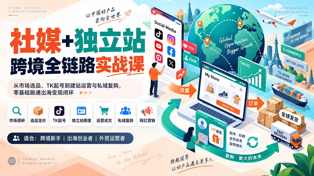 (20361期)社媒+独立站跨境全链路实战课:从市场选品、TK起号到建站运营与私域复购,零基础跑通出海变现闭环插图1 (20361期)社媒+独立站跨境全链路实战课:从市场选品、TK起号到建站运营与私域复购,零基础跑通出海变现闭环插图1