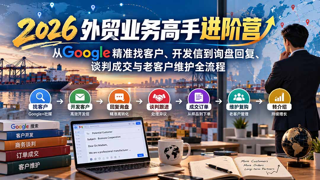 (20690期)2026外贸业务高手进阶营:从Google精准找客户、开发信到询盘回复、谈判成交与老客户维护全流程插图 (20690期)2026外贸业务高手进阶营:从Google精准找客户、开发信到询盘回复、谈判成交与老客户维护全流程插图