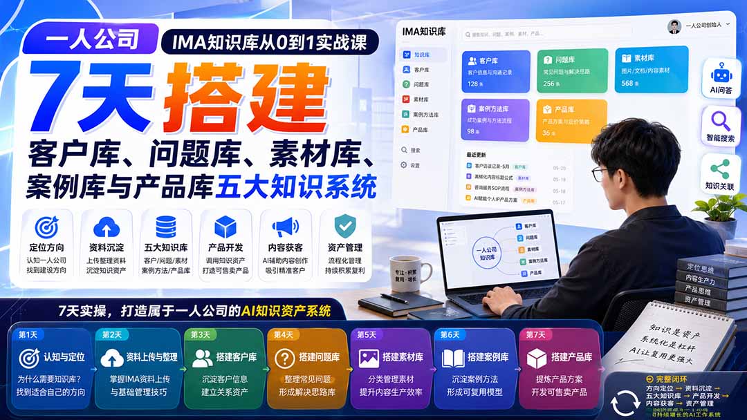 (20191期)一人公司IMA知识库从0到1实战课:7天搭建客户库、问题库、素材库、案例库与产品库五大知识系统
