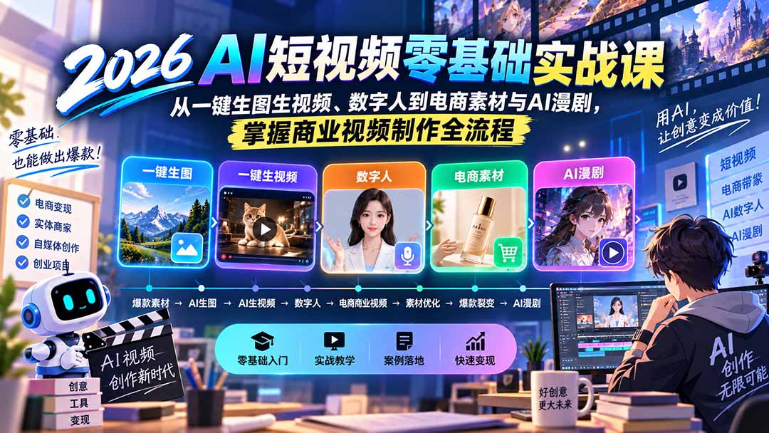 (20263期)2026AI短视频零基础实战课:从一键生图生视频、数字人到电商素材与AI漫剧,掌握商业视频制作全流程插图1 (20263期)2026AI短视频零基础实战课:从一键生图生视频、数字人到电商素材与AI漫剧,掌握商业视频制作全流程插图1