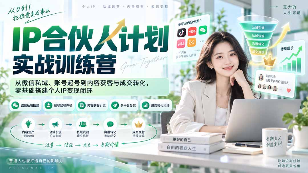 (20321期)IP合伙人计划实战训练营-更新:从微信私域、账号起号到内容获客与成交转化,零基础搭建个人IP变现闭环插图1 (20321期)IP合伙人计划实战训练营-更新:从微信私域、账号起号到内容获客与成交转化,零基础搭建个人IP变现闭环插图1