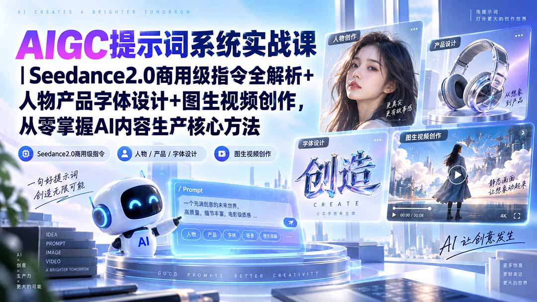 (20559期)AIGC提示词系统实战课-无水印|Seedance2.0商用级指令全解析+人物产品字体设计+图生视频创作,掌握AI内容生产方法插图 (20559期)AIGC提示词系统实战课-无水印|Seedance2.0商用级指令全解析+人物产品字体设计+图生视频创作,掌握AI内容生产方法插图