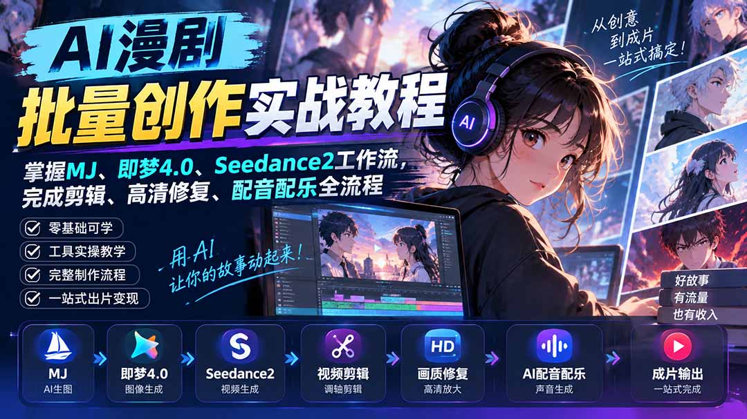 (20488期)AI漫剧批量创作实战教程:掌握MJ、即梦4.0、Seedance2工作流,完成剪辑、高清修复、配音配乐全流程