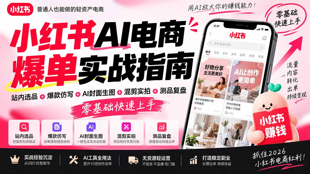 (20516期)2026小红书AI电商爆单实战指南:站内选品+爆款仿写+AI封面生图+混剪实拍+测品复盘,零基础快速上手插图1 (20516期)2026小红书AI电商爆单实战指南:站内选品+爆款仿写+AI封面生图+混剪实拍+测品复盘,零基础快速上手插图1