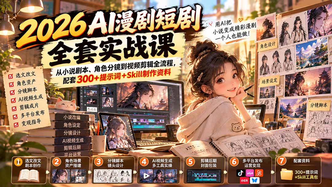 (20629期)2026AI漫剧短剧全套实战课:从小说剧本、角色分镜到视频剪辑全流程,配套300+提示词+Skill制作资料插图1 (20629期)2026AI漫剧短剧全套实战课:从小说剧本、角色分镜到视频剪辑全流程,配套300+提示词+Skill制作资料插图1