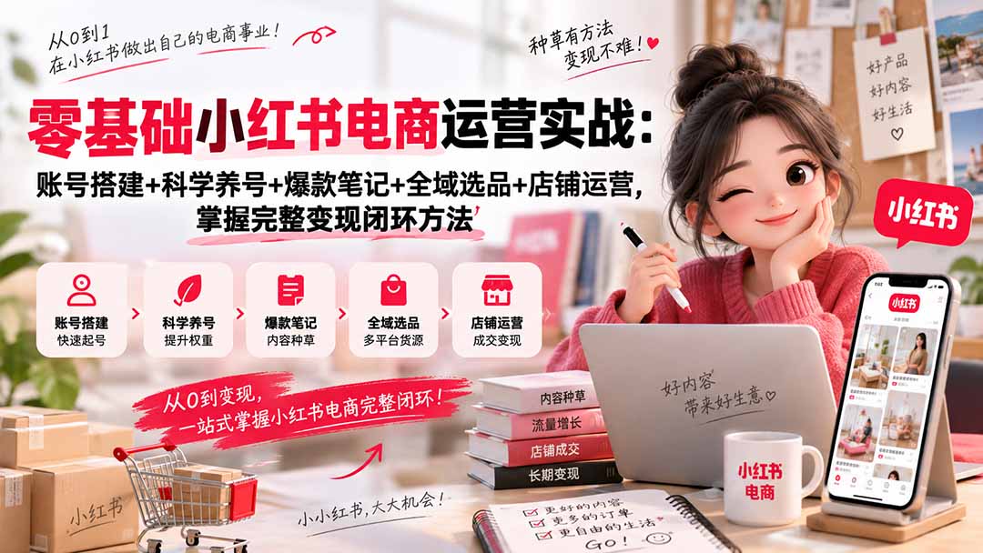 (20467期)零基础小红书电商运营实战:账号搭建+科学养号+爆款笔记+全域选品+店铺运营,掌握完整变现闭环方法插图1 (20467期)零基础小红书电商运营实战:账号搭建+科学养号+爆款笔记+全域选品+店铺运营,掌握完整变现闭环方法插图1