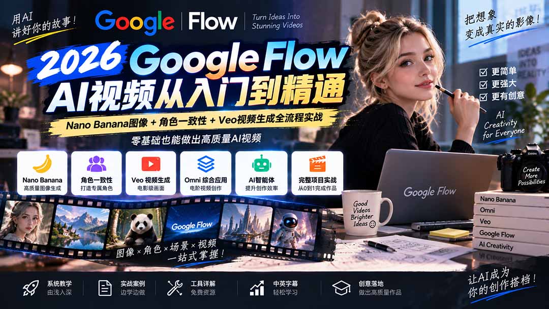 (20608期)【无水印】Google Flow AI视频从入门到精通:Nano Banana图像+角色一致性+Veo视频生成全流程实战-精翻中英字幕插图1 (20608期)【无水印】Google Flow AI视频从入门到精通:Nano Banana图像+角色一致性+Veo视频生成全流程实战-精翻中英字幕插图1