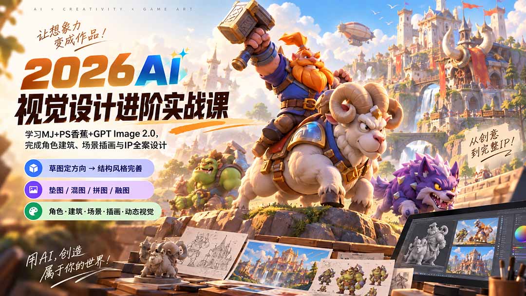 (20425期)2026AI视觉设计进阶实战课-更新:学习MJ+PS香蕉+GPT Image 2.0,完成角色建筑、场景插画与IP全案设计插图1 (20425期)2026AI视觉设计进阶实战课-更新:学习MJ+PS香蕉+GPT Image 2.0,完成角色建筑、场景插画与IP全案设计插图1
