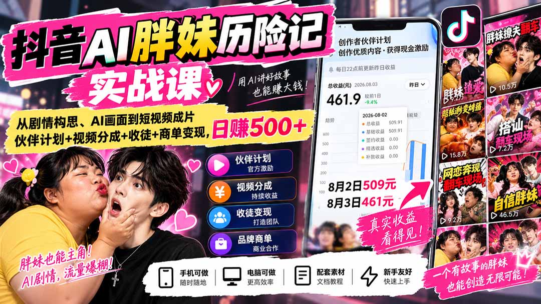 (20489期)抖音AI胖妹历险记实战课:从剧情构思、AI画面到短视频成片,伙伴计划+视频分成+收徒+商单变现,日赚500+插图1 (20489期)抖音AI胖妹历险记实战课:从剧情构思、AI画面到短视频成片,伙伴计划+视频分成+收徒+商单变现,日赚500+插图1