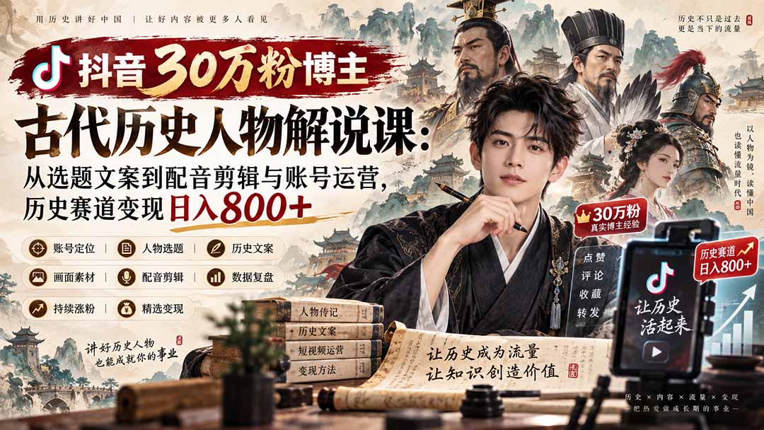 (20441期)抖音30万粉博主古代历史人物解说课:从选题文案到配音剪辑与账号运营,历史赛道变现日入800+插图1 (20441期)抖音30万粉博主古代历史人物解说课:从选题文案到配音剪辑与账号运营,历史赛道变现日入800+插图1