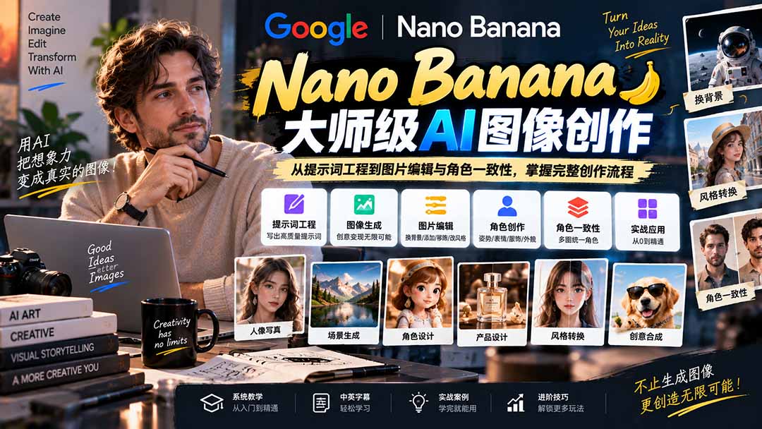 (20609期)【无水印】Nano Banana大师级AI图像实战课:从提示词工程到图片编辑与角色一致性,掌握完整创作流程插图1 (20609期)【无水印】Nano Banana大师级AI图像实战课:从提示词工程到图片编辑与角色一致性,掌握完整创作流程插图1