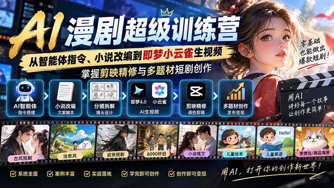 (20491期)AI漫剧超级特训营:从智能体指令、小说改编到即梦小云雀生视频,掌握剪映精修与多题材短剧创作插图1 (20491期)AI漫剧超级特训营:从智能体指令、小说改编到即梦小云雀生视频,掌握剪映精修与多题材短剧创作插图1