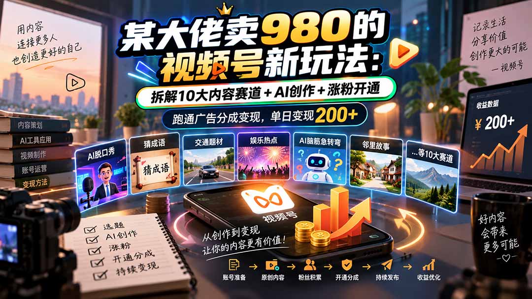 (20573期)某大佬卖980的视频号新玩法:拆解10大内容赛道+AI创作+涨粉开通,跑通广告分成变现,单日变现200+