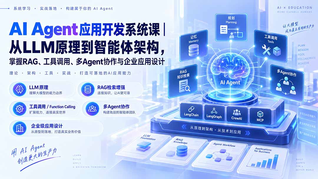 (20564期)AI Agent应用开发系统课-179节|从LLM原理到智能体架构,掌握RAG、工具调用、多Agent协作与企业应用设计插图1 (20564期)AI Agent应用开发系统课-179节|从LLM原理到智能体架构,掌握RAG、工具调用、多Agent协作与企业应用设计插图1