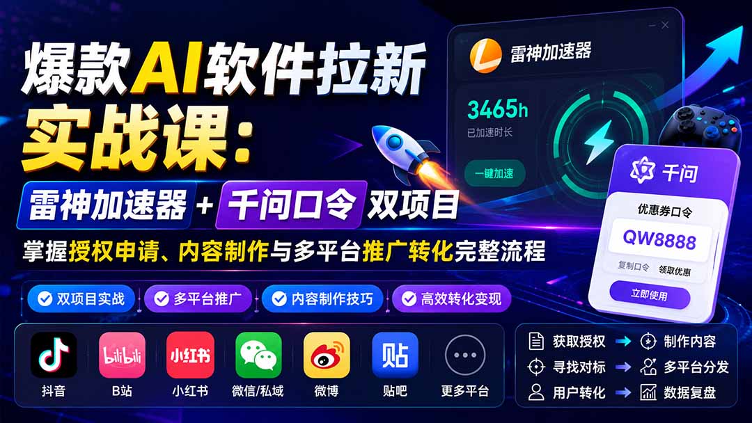 (20230期)爆款AI软件拉新实战课:雷神加速器+千问口令双项目,掌握授权申请、内容制作与多平台推广转化完整流程插图1 (20230期)爆款AI软件拉新实战课:雷神加速器+千问口令双项目,掌握授权申请、内容制作与多平台推广转化完整流程插图1