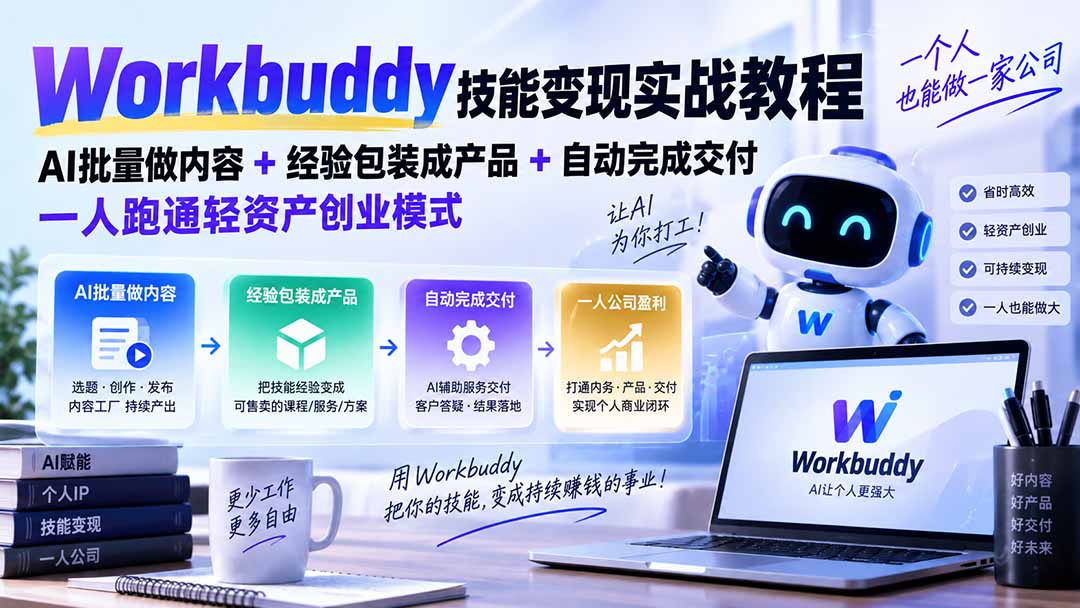 (20492期)Workbuddy技能变现实战教程:AI批量做内容+经验包装成产品+自动完成交付,一人跑通轻资产创业模式插图1 (20492期)Workbuddy技能变现实战教程:AI批量做内容+经验包装成产品+自动完成交付,一人跑通轻资产创业模式插图1
