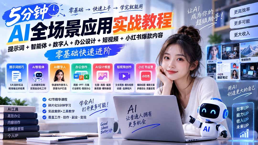 (20493期)AI全场景应用实战教程|提示词+智能体+数字人+办公设计+短视频+小红书爆款内容,零基础快速进阶插图1 (20493期)AI全场景应用实战教程|提示词+智能体+数字人+办公设计+短视频+小红书爆款内容,零基础快速进阶插图1