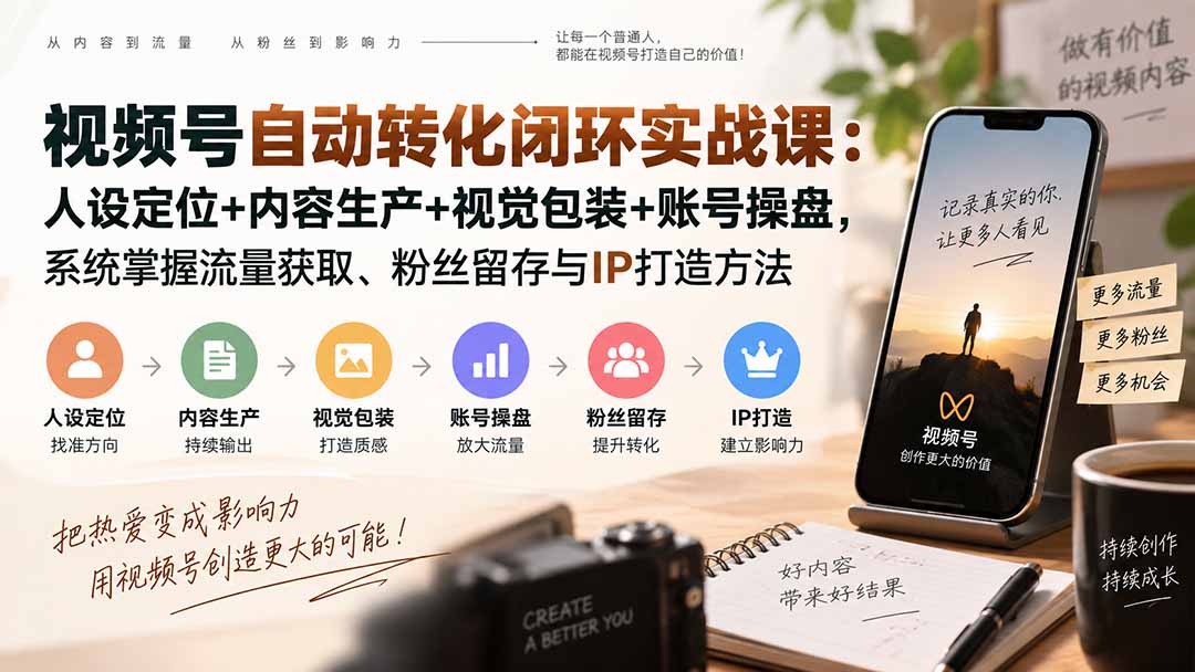 （20327期）视频号自动转化闭环实战课：人设定位+内容生产+视觉包装+账号操盘，系统掌握流量获取、粉丝留存与IP打造方法